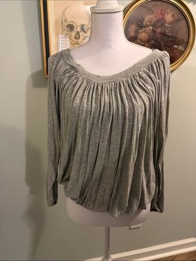 Free People Heather Grey Gathered Scoop-Neck Long Sleeve Top